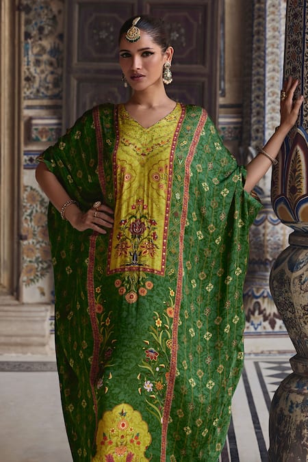 Kalista_Green Viscose, Satin Beads, Sequins Saisha Gulbahar Print And Embellished Kaftan _at_Aza_Fashions