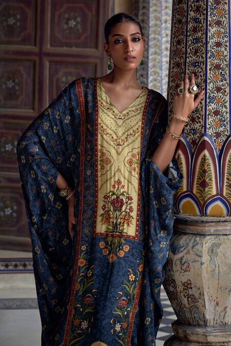 Kalista_Blue Viscose, Satin Cut Work, Saisha Phoolbahar Print And Embellished Kaftan _Online_at_Aza_Fashions