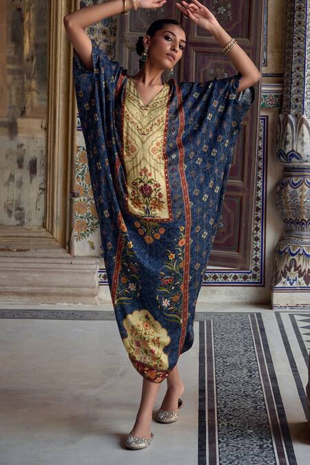 Buy_Kalista_Blue Viscose, Satin Cut Work, Saisha Phoolbahar Print And Embellished Kaftan _Online_at_Aza_Fashions
