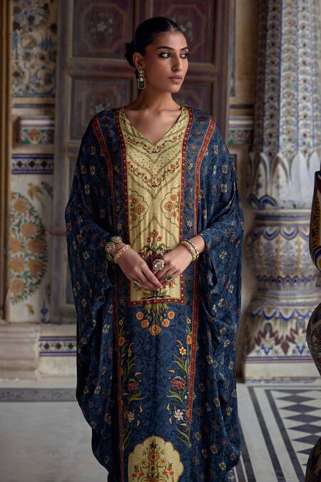 Shop_Kalista_Blue Viscose, Satin Cut Work, Saisha Phoolbahar Print And Embellished Kaftan _Online_at_Aza_Fashions