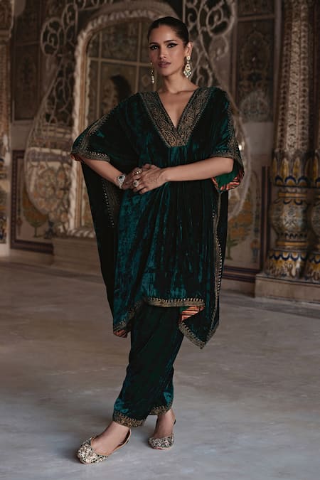 Kalista Green Silk, Velvet Zohra Paisley Border Embroidered Kaftan With Salwar Pant  4