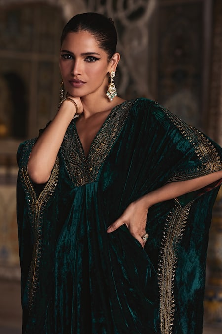 Kalista Green Silk, Velvet Zohra Paisley Border Embroidered Kaftan With Salwar Pant  5