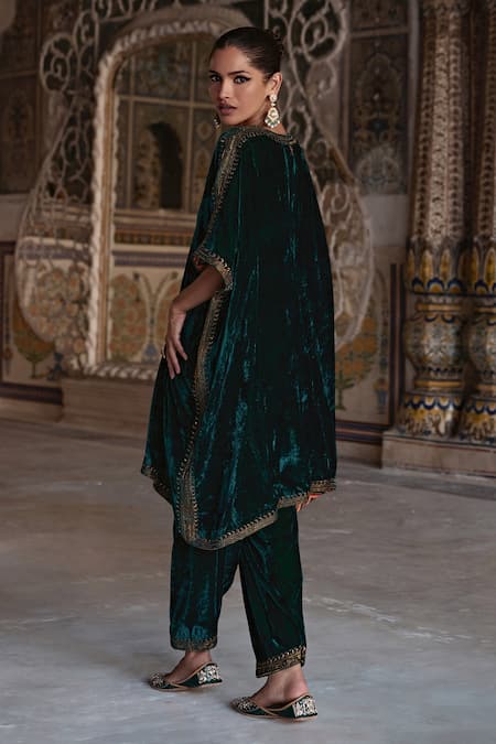 Kalista Green Silk, Velvet Zohra Paisley Border Embroidered Kaftan With Salwar Pant  6