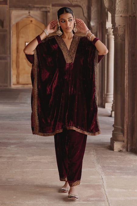 Shop_Kalista_Maroon Silk, Velvet Zari, Sequins, Embroidery V-neck Zohra Kaftan With Pant _Online_at_Aza_Fashions
