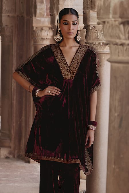 Kalista_Maroon Silk, Velvet Zari, Sequins, Embroidery V-neck Zohra Kaftan With Pant _at_Aza_Fashions