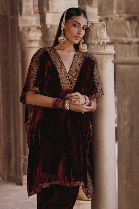 Buy_Kalista_Maroon Silk, Velvet Zari, Sequins, Embroidery V-neck Zohra Kaftan With Pant 