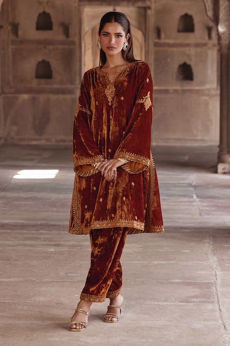 Kalista_Brown Silk, Velvet Zari, Sequins, Embroidery Anam A-line Kurta With Pant _Online_at_Aza_Fashions