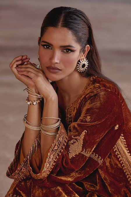 Shop_Kalista_Brown Silk, Velvet Zari, Sequins, Embroidery Anam A-line Kurta With Pant _Online_at_Aza_Fashions