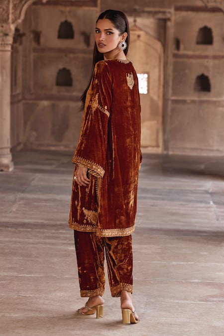 Kalista_Brown Silk, Velvet Zari, Sequins, Embroidery Anam A-line Kurta With Pant _at_Aza_Fashions