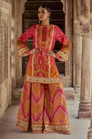 Buy Kalista Orange Chanderi Silk Embroidery, Sequins, Amaira Floral Kurta And Sharara Set Online at Aza Fashions Buy_Kalista_Orange Chanderi Silk Embroidery, Sequins, Amaira Floral Kurta And Sharara Set _Online_at_Aza_Fashions