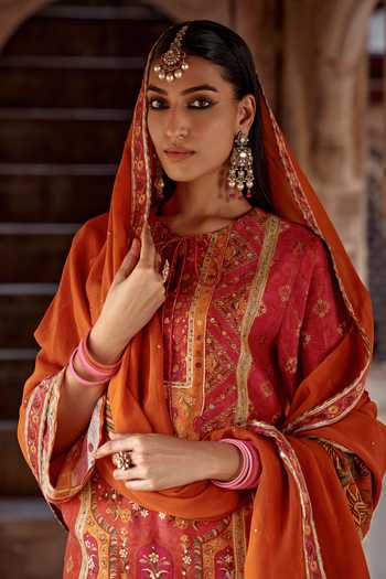 Shop Kalista Orange Chanderi Silk Embroidery, Sequins, Amaira Floral Kurta And Sharara Set Online at Aza Fashions Shop_Kalista_Orange Chanderi Silk Embroidery, Sequins, Amaira Floral Kurta And Sharara Set _Online_at_Aza_Fashions