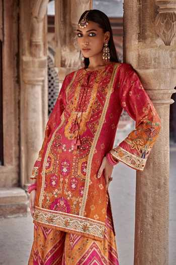 Kalista Orange Chanderi Silk Embroidery, Sequins, Amaira Floral Kurta And Sharara Set at Aza Fashions Kalista_Orange Chanderi Silk Embroidery, Sequins, Amaira Floral Kurta And Sharara Set _at_Aza_Fashions