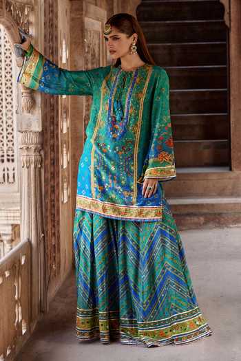 Buy Kalista Blue Chanderi Silk Embroidery, Sequins, Amaira Floral Print Kurta And Sharara Set Online at Aza Fashions Buy_Kalista_Blue Chanderi Silk Embroidery, Sequins, Amaira Floral Print Kurta And Sharara Set _Online_at_Aza_Fashions