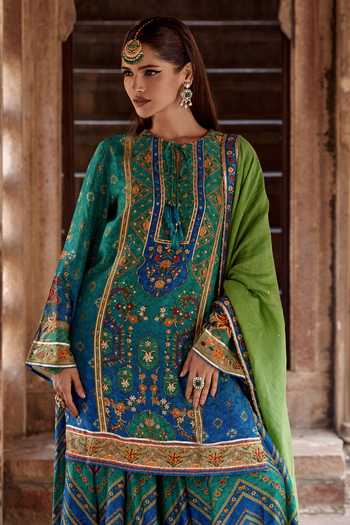 Shop Kalista Blue Chanderi Silk Embroidery, Sequins, Amaira Floral Print Kurta And Sharara Set Online at Aza Fashions Shop_Kalista_Blue Chanderi Silk Embroidery, Sequins, Amaira Floral Print Kurta And Sharara Set _Online_at_Aza_Fashions