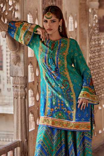 Kalista Blue Chanderi Silk Embroidery, Sequins, Amaira Floral Print Kurta And Sharara Set at Aza Fashions Kalista_Blue Chanderi Silk Embroidery, Sequins, Amaira Floral Print Kurta And Sharara Set _at_Aza_Fashions