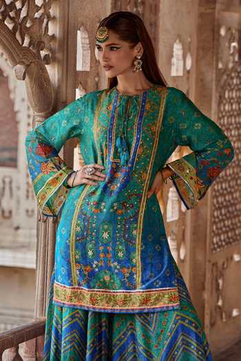 Buy Kalista Blue Chanderi Silk Embroidery, Sequins, Amaira Floral Print Kurta And Sharara Set Buy_Kalista_Blue Chanderi Silk Embroidery, Sequins, Amaira Floral Print Kurta And Sharara Set