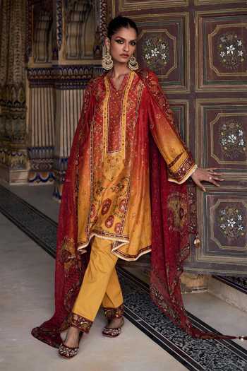Kalista Orange Chanderi Silk, Organza Sequins, Kaisha Floral Print Asymmetric Kurta Set Online at Aza Fashions Kalista_Orange Chanderi Silk, Organza Sequins, Kaisha Floral Print Asymmetric Kurta Set _Online_at_Aza_Fashions