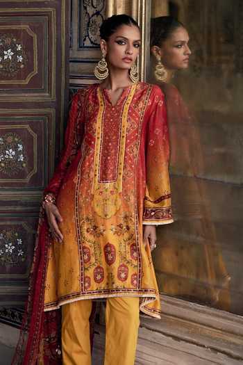 Buy Kalista Orange Chanderi Silk, Organza Sequins, Kaisha Floral Print Asymmetric Kurta Set Online at Aza Fashions Buy_Kalista_Orange Chanderi Silk, Organza Sequins, Kaisha Floral Print Asymmetric Kurta Set _Online_at_Aza_Fashions