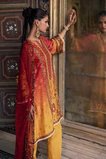 Shop Kalista Orange Chanderi Silk, Organza Sequins, Kaisha Floral Print Asymmetric Kurta Set Online at Aza Fashions Shop_Kalista_Orange Chanderi Silk, Organza Sequins, Kaisha Floral Print Asymmetric Kurta Set _Online_at_Aza_Fashions