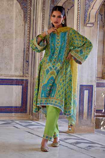 Kalista Green Chanderi Silk, Organza Kaisha Floral Print A-line Kurta And Pant Set Online at Aza Fashions Kalista_Green Chanderi Silk, Organza Kaisha Floral Print A-line Kurta And Pant Set _Online_at_Aza_Fashions