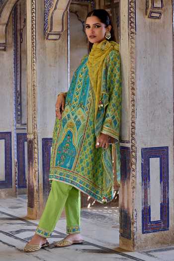 Buy Kalista Green Chanderi Silk, Organza Kaisha Floral Print A-line Kurta And Pant Set Online at Aza Fashions Buy_Kalista_Green Chanderi Silk, Organza Kaisha Floral Print A-line Kurta And Pant Set _Online_at_Aza_Fashions