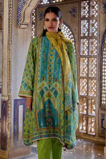 Shop Kalista Green Chanderi Silk, Organza Kaisha Floral Print A-line Kurta And Pant Set Online at Aza Fashions Shop_Kalista_Green Chanderi Silk, Organza Kaisha Floral Print A-line Kurta And Pant Set _Online_at_Aza_Fashions