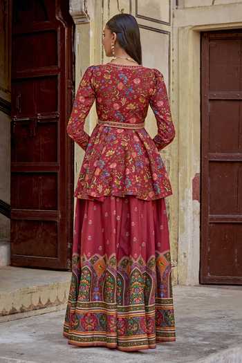 Kalista Red Chanderi Silk Embroidery, Amber Floral Print Peplum Kurta With Sharara Online at Aza Fashions Kalista_Red Chanderi Silk Embroidery, Amber Floral Print Peplum Kurta With Sharara _Online_at_Aza_Fashions