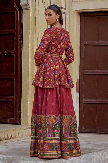 Buy Kalista Red Chanderi Silk Embroidery, Amber Floral Print Peplum Kurta With Sharara Online at Aza Fashions Buy_Kalista_Red Chanderi Silk Embroidery, Amber Floral Print Peplum Kurta With Sharara _Online_at_Aza_Fashions