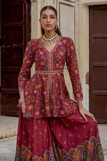 Shop Kalista Red Chanderi Silk Embroidery, Amber Floral Print Peplum Kurta With Sharara Online at Aza Fashions Shop_Kalista_Red Chanderi Silk Embroidery, Amber Floral Print Peplum Kurta With Sharara _Online_at_Aza_Fashions