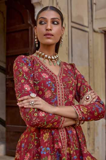 Kalista Red Chanderi Silk Embroidery, Amber Floral Print Peplum Kurta With Sharara at Aza Fashions Kalista_Red Chanderi Silk Embroidery, Amber Floral Print Peplum Kurta With Sharara _at_Aza_Fashions