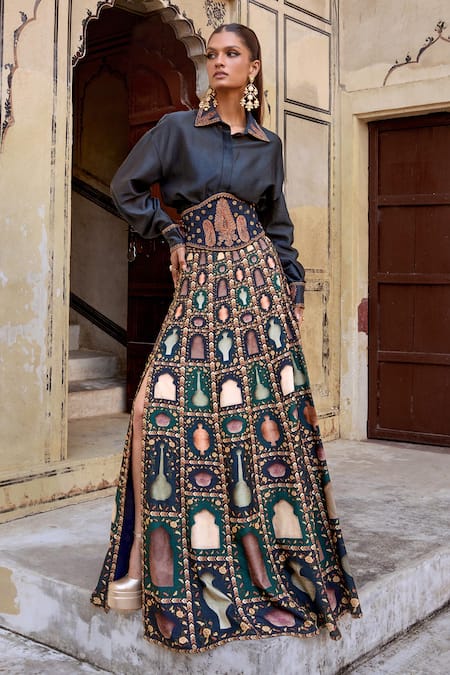 Buy Kalista Green Silk, Viscose Embroidery Misba Mughal Print Shirt And Slit Skirt Set Online at Aza Fashions Buy_Kalista_Green Silk, Viscose Embroidery Misba Mughal Print Shirt And Slit Skirt Set _Online_at_Aza_Fashions