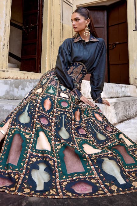 Shop Kalista Green Silk, Viscose Embroidery Misba Mughal Print Shirt And Slit Skirt Set Online at Aza Fashions Shop_Kalista_Green Silk, Viscose Embroidery Misba Mughal Print Shirt And Slit Skirt Set _Online_at_Aza_Fashions