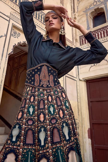 Buy Kalista Green Silk, Viscose Embroidery Misba Mughal Print Shirt And Slit Skirt Set Buy_Kalista_Green Silk, Viscose Embroidery Misba Mughal Print Shirt And Slit Skirt Set