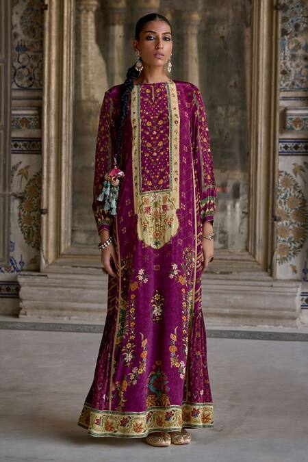 Kalista_Purple Viscose, Satin Sequins, Lace Ruhaani Bloom Embroidered Jalabiya Dress _Online_at_Aza_Fashions