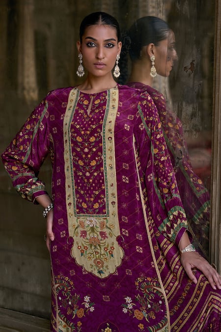 Buy_Kalista_Purple Viscose, Satin Sequins, Lace Ruhaani Bloom Embroidered Jalabiya Dress _Online_at_Aza_Fashions