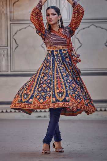 Shop Kalista Multi Color Chanderi Silk Embroidery, Irsa Floral Angarkha With Churidar Online at Aza Fashions Shop_Kalista_Multi Color Chanderi Silk Embroidery, Irsa Floral Angarkha With Churidar _Online_at_Aza_Fashions
