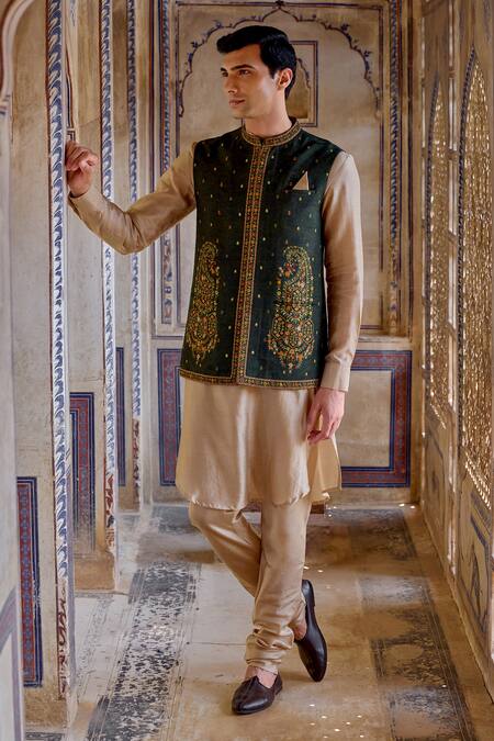 Kalista_Green Chanderi Silk Embroidery Paisley Bundi Set _Online_at_Aza_Fashions