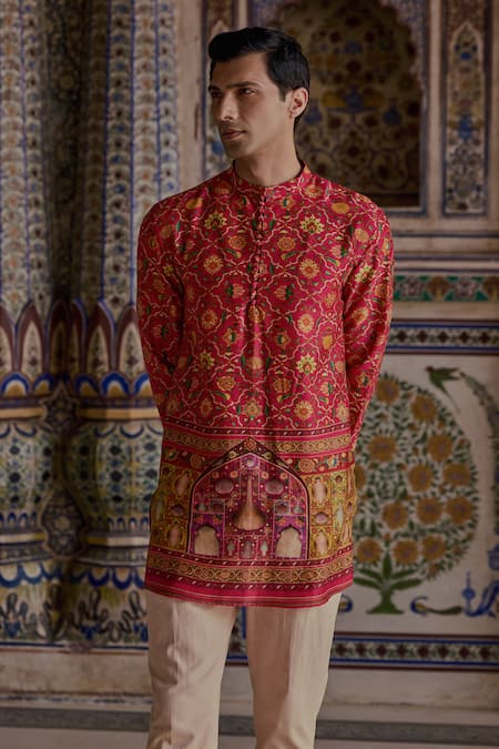 Shop Kalista Pink Satin, Viscose Embroidery Kabir Paisley Print Kurta And Pant Set Online at Aza Fashions Shop_Kalista_Pink Satin, Viscose Embroidery Kabir Paisley Print Kurta And Pant Set _Online_at_Aza_Fashions