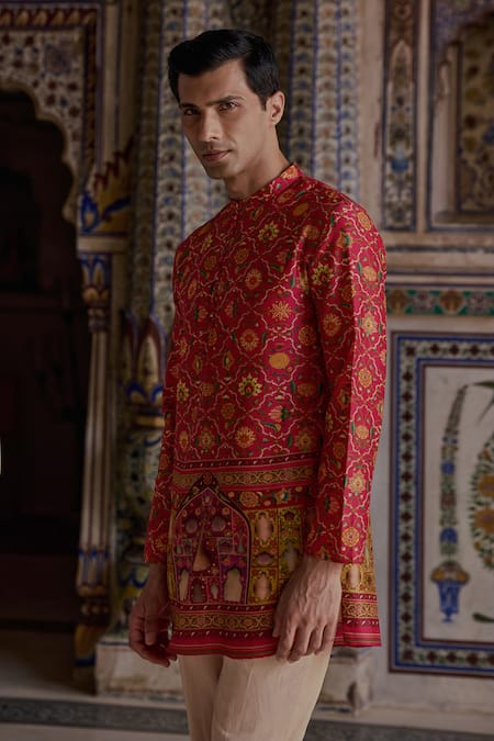 Kalista Pink Satin, Viscose Embroidery Kabir Paisley Print Kurta And Pant Set at Aza Fashions Kalista_Pink Satin, Viscose Embroidery Kabir Paisley Print Kurta And Pant Set _at_Aza_Fashions