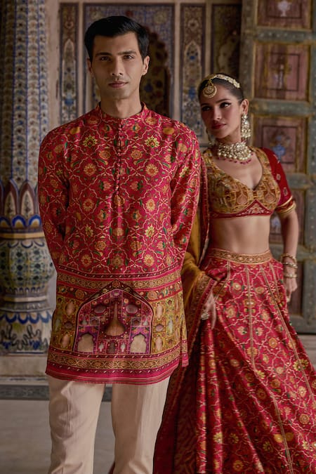 Buy Kalista Pink Satin, Viscose Embroidery Kabir Paisley Print Kurta And Pant Set Buy_Kalista_Pink Satin, Viscose Embroidery Kabir Paisley Print Kurta And Pant Set