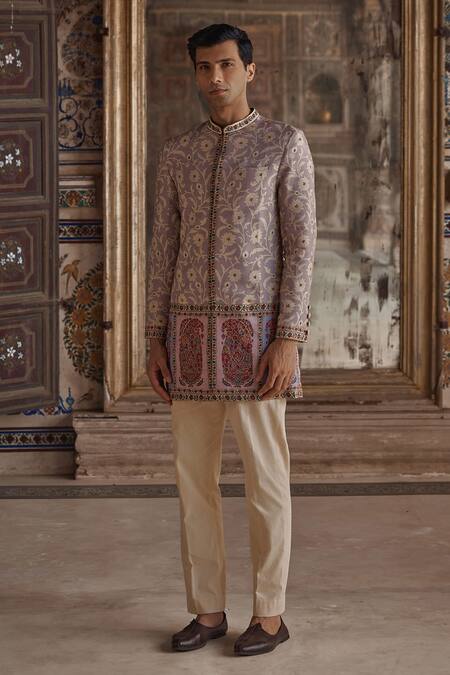 Kalista_Purple Silk, Viscose, Twill Embroidery Jahan Printed Achkan And Pant Set _Online_at_Aza_Fashions