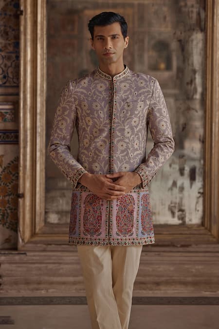 Buy_Kalista_Purple Silk, Viscose, Twill Embroidery Jahan Printed Achkan And Pant Set _Online_at_Aza_Fashions
