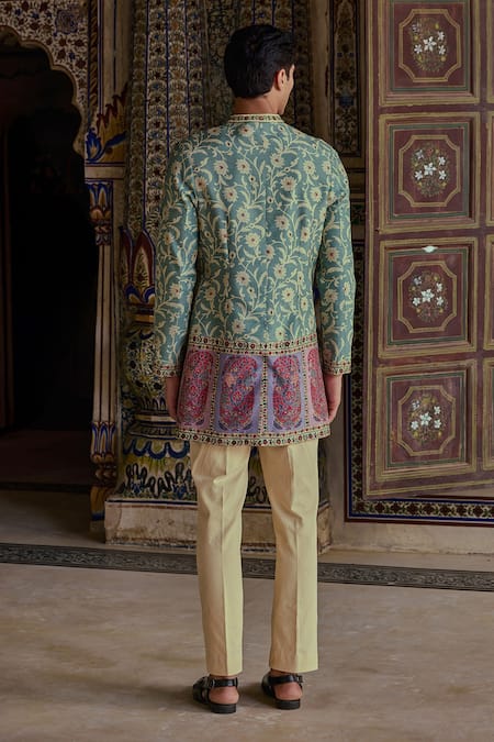 Shop_Kalista_Green Silk, Viscose, Twill Embroidery, Zari Paisley Bundi Set _at_Aza_Fashions