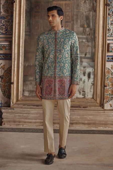 Kalista_Green Silk, Viscose, Twill Embroidery, Zari Paisley Bundi Set _Online_at_Aza_Fashions