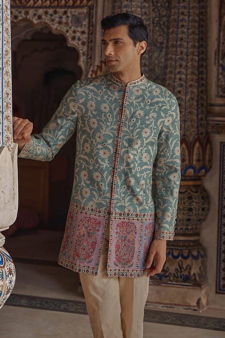 Buy_Kalista_Green Silk, Viscose, Twill Embroidery, Zari Paisley Bundi Set _Online_at_Aza_Fashions