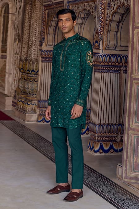 Kalista_Green Chanderi Silk, Viscose Embroidery Aryan Paisley Motif Kurta And Pant Set _Online_at_Aza_Fashions