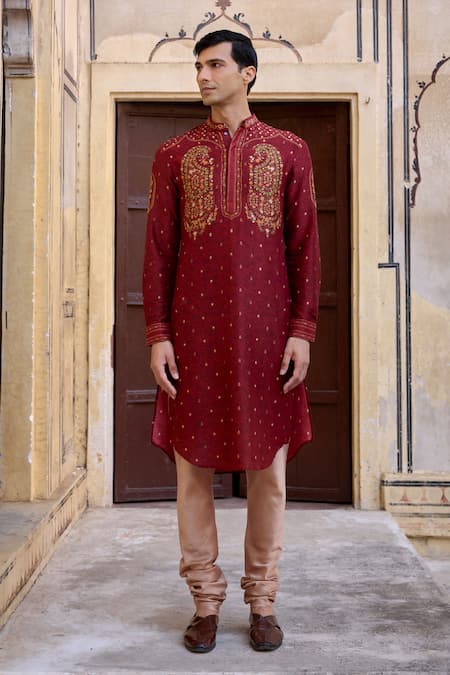 Buy_Kalista_Maroon Chanderi Silk Embroidery Taimur Paisley Motif Kurta And Churidar Set _Online_at_Aza_Fashions