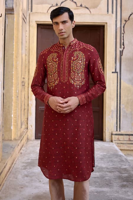 Shop_Kalista_Maroon Chanderi Silk Embroidery Taimur Paisley Motif Kurta And Churidar Set _Online_at_Aza_Fashions