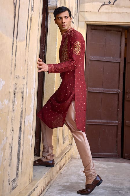 Kalista_Maroon Chanderi Silk Embroidery Taimur Paisley Motif Kurta And Churidar Set _at_Aza_Fashions