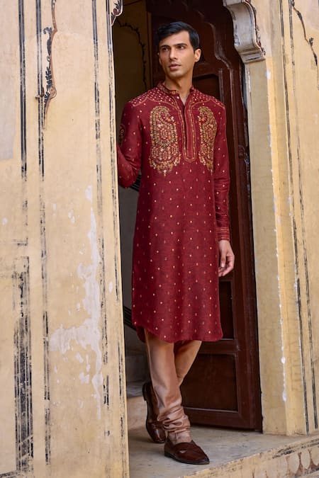 Buy_Kalista_Maroon Chanderi Silk Embroidery Taimur Paisley Motif Kurta And Churidar Set 